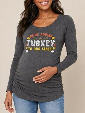 Motherhood Maternity Thanksgiving Graphic Tee Gray Women's Small Long Sleeve